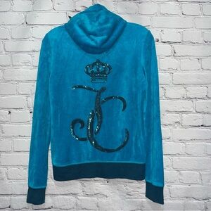 Vintage Y2K Juicy Couture Blue Velour Sequin Logo Tracksuit Hooded Jacket